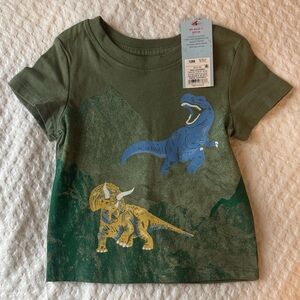 Cat & Jack Olive Green Tee with Blue and Yellow Dinosaur Graphics